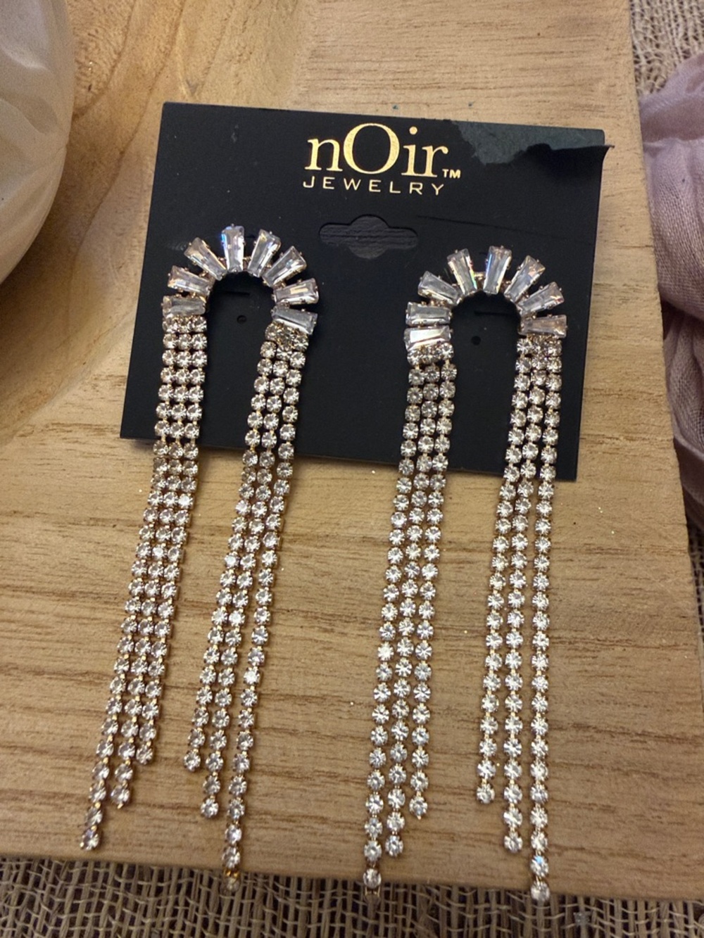 Noir Jewelry Long Fringe Drop Rhinestone Earrings Gold Tone